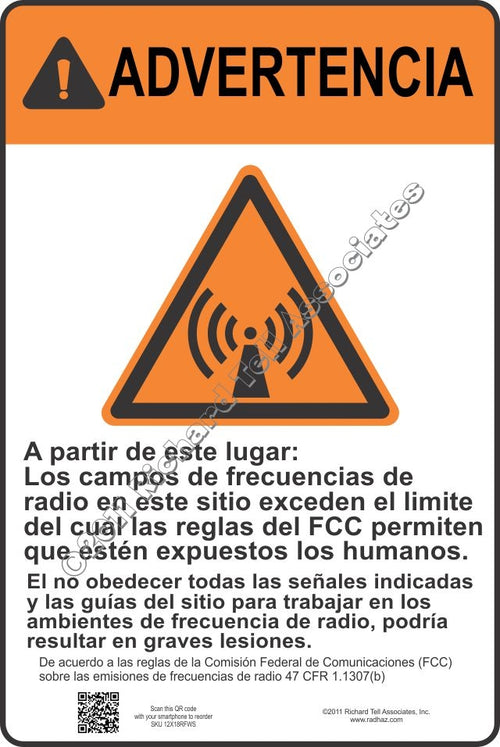 Spanish warning sign with an orange header reading 'ADVERTENCIA' and a large orange hazard triangle with a radio signal symbol, plus black text on a white background.