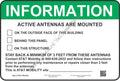 A rectangular safety/information sign with a green header reading "INFORMATION" and black text stating that active antennas are mounted, with checkboxes and AT&T Mobility contact information.