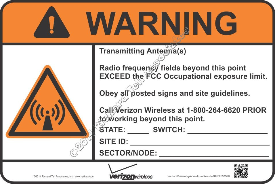 8x12 NEW VERIZON RF WARNING Sign